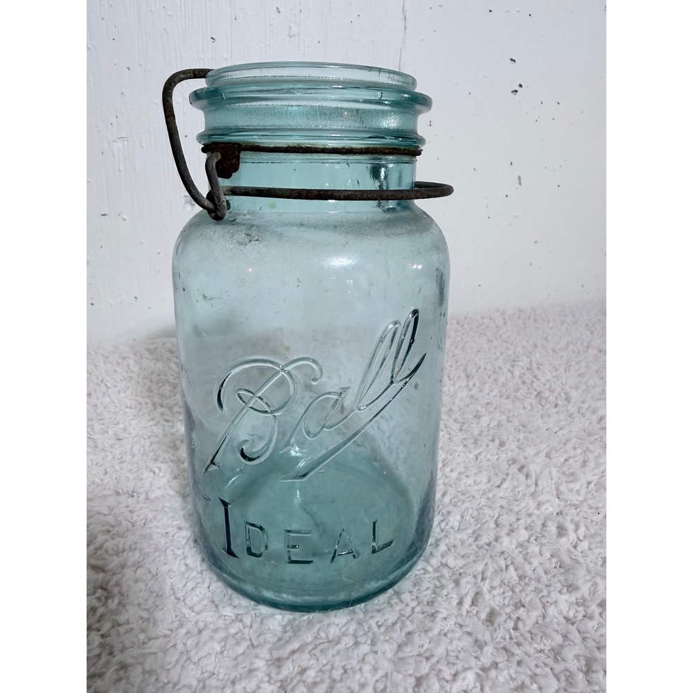 Ball Ideal Aqua Blue Glass Quart Canning Jar Wire Bail Lidless 7.25in Vintage